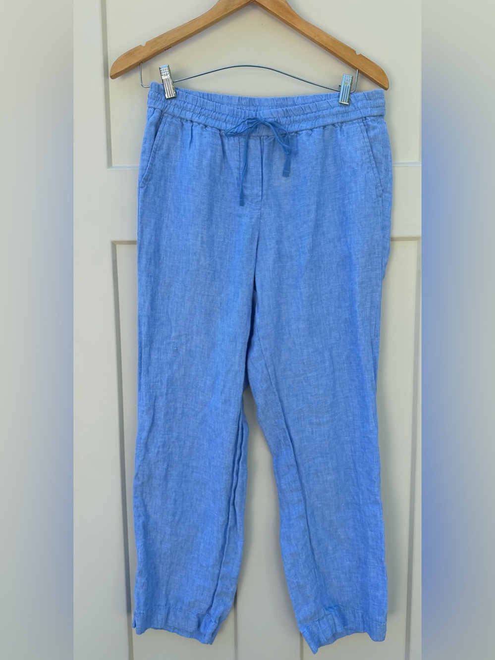 Talbots Coastal Blue Washed Linen Pull-on Pants w/ Drawstring Sz SP Wide Leg